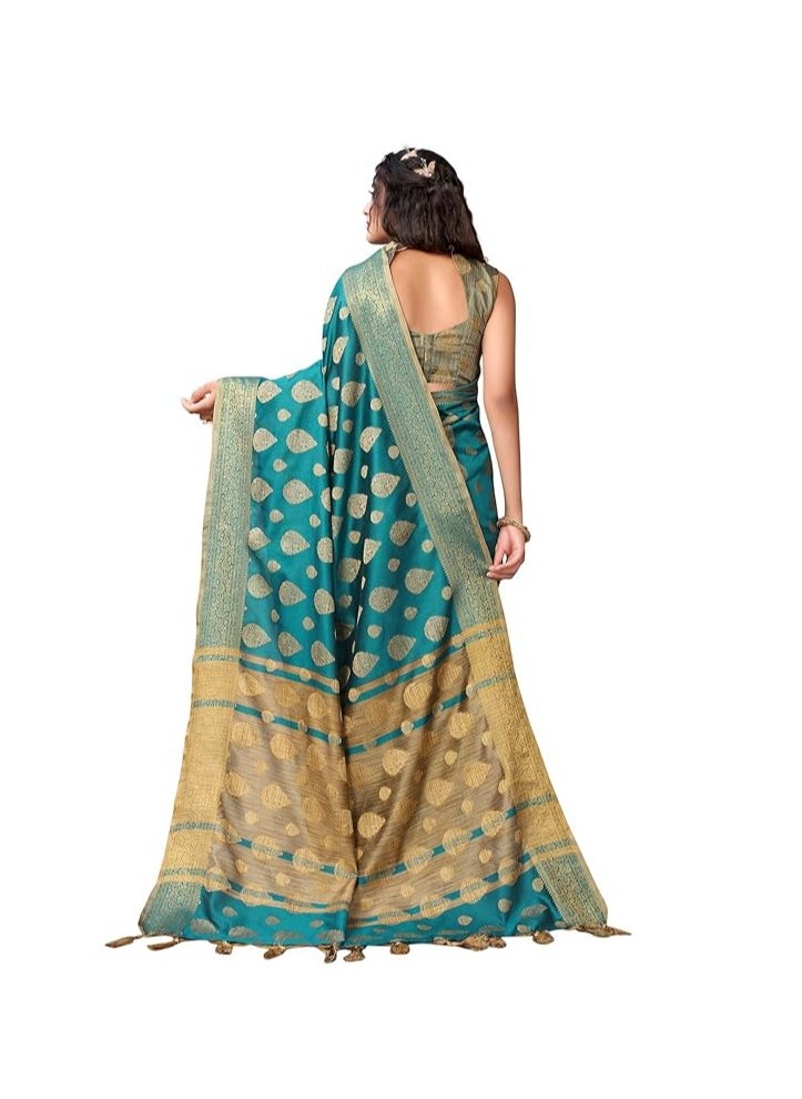 Women's Tassel & Self Woven Cotton Silk Saree with Unstitched Blouse Piece