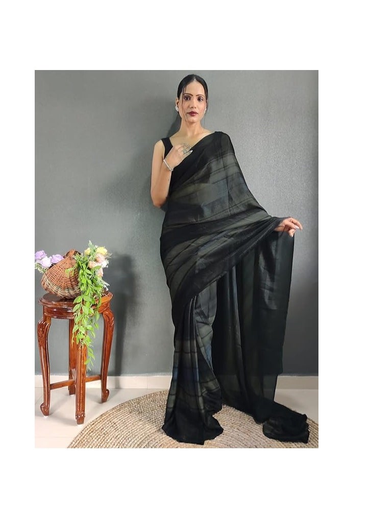 Women's Georgette Printed Zari Striped Ready to Wear One Minute Pre Pleated Saree With Unstitched Blouse Piece