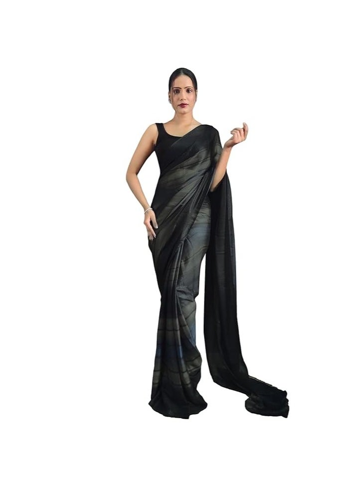 Women's Georgette Printed Zari Striped Ready to Wear One Minute Pre Pleated Saree With Unstitched Blouse Piece