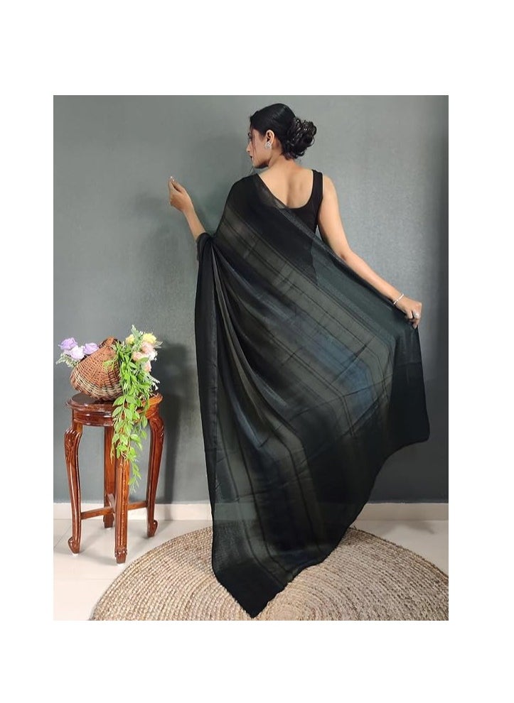 Women's Georgette Printed Zari Striped Ready to Wear One Minute Pre Pleated Saree With Unstitched Blouse Piece