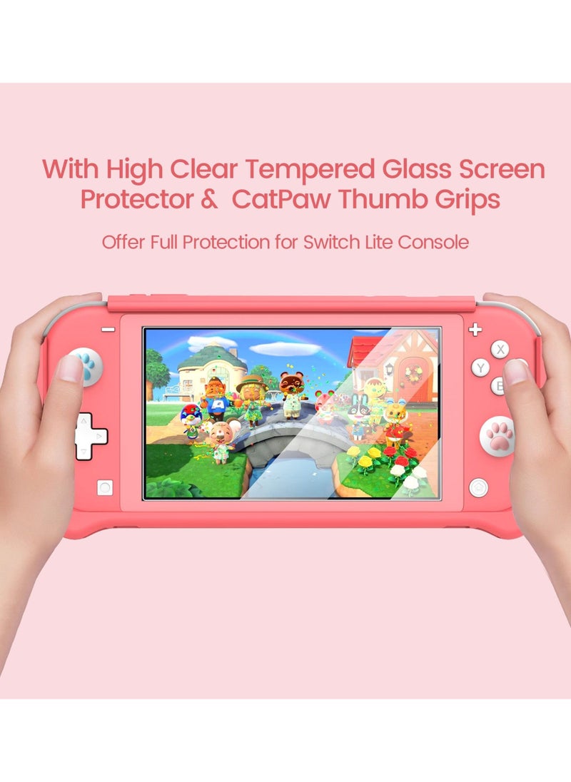 Smart Switch Lite Protective Case for Nintendo, Daily Gift Ergonomic Sturdy Full Protection Gift Idea with HD Screen Protector Thumb Grip Caps for Family Coral