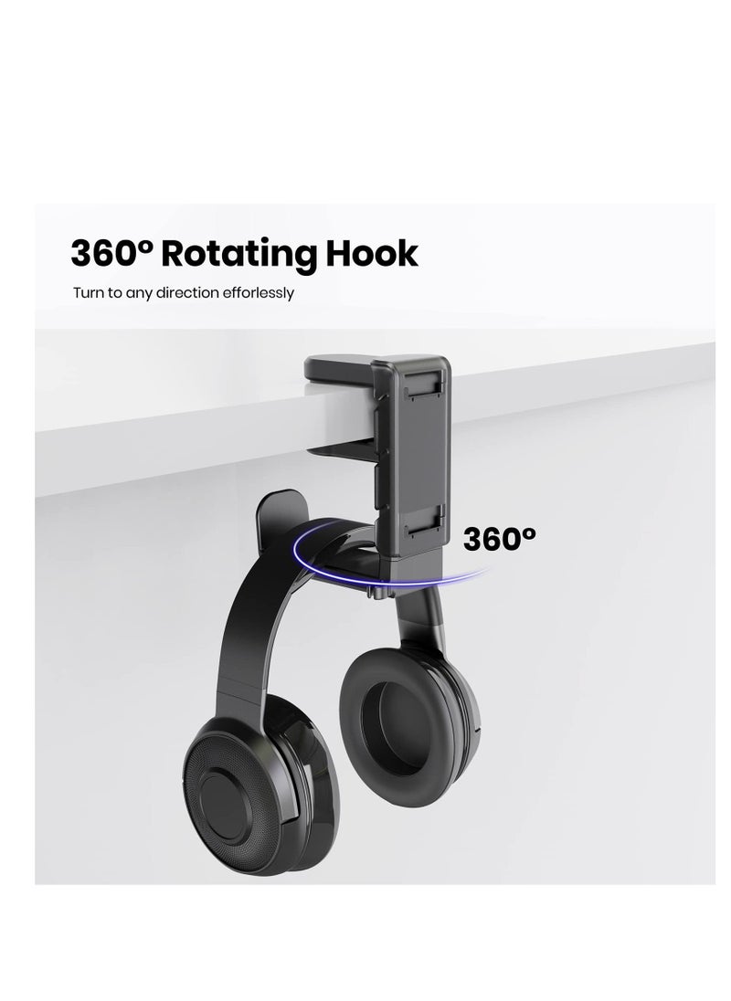 3-in-1 PC Gaming Headset and Controller Holder, Headphone Stand with Adjustable Clamp, 2 Controller Holders, Rotating Arm, and Cable Organizer, Universal PC Gaming Accessory Controller Headset Stand