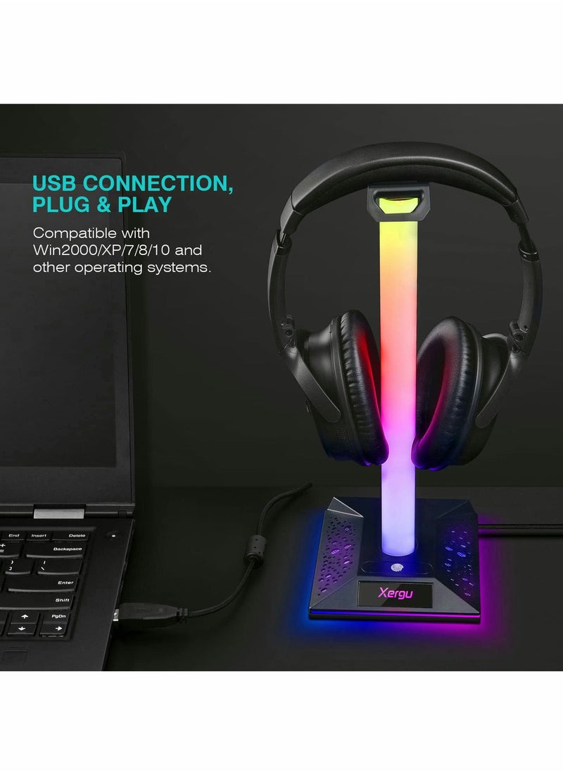 RGB Gaming Headphone Stand - Headset Stand with 3.5mm AUX and 2 USB Ports, Headset Holder Headphones Hanger Base for Gamers Desktop Table Game Earphone Accessories