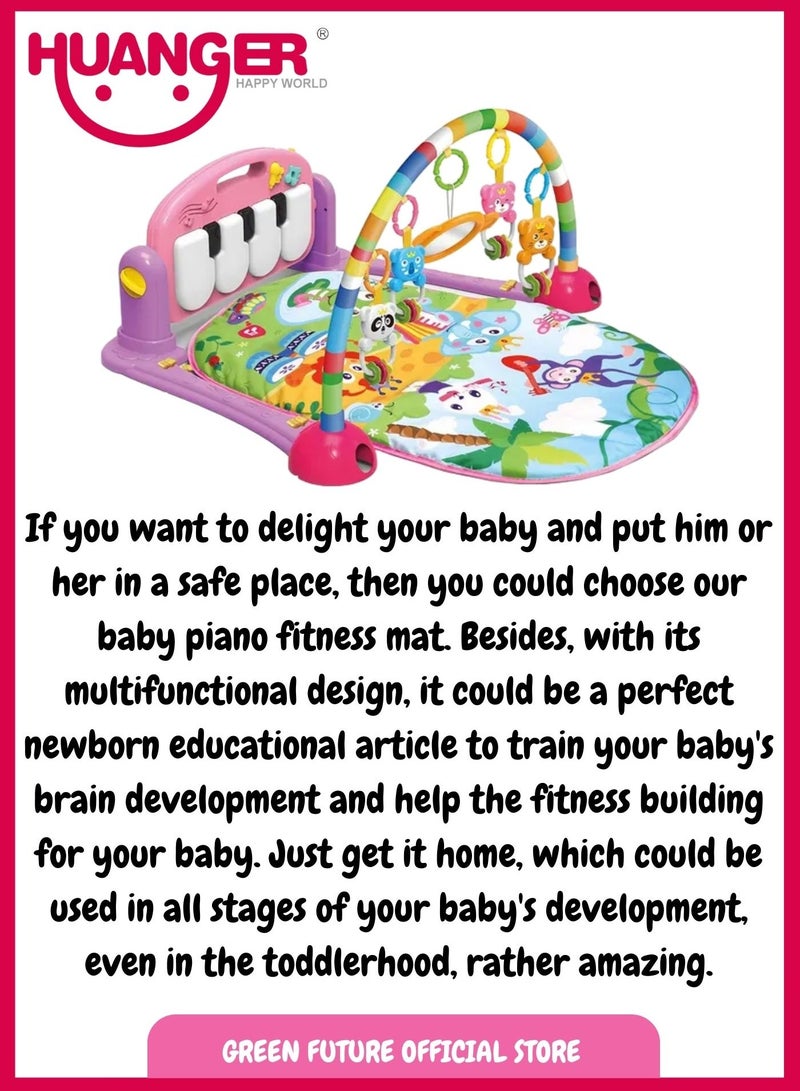 Baby Playmat w/ Piano Music, 2 in 1 Hanging Toys and Soft Mat for Newborns and Infants, Early Learning Activity Mat, Pink