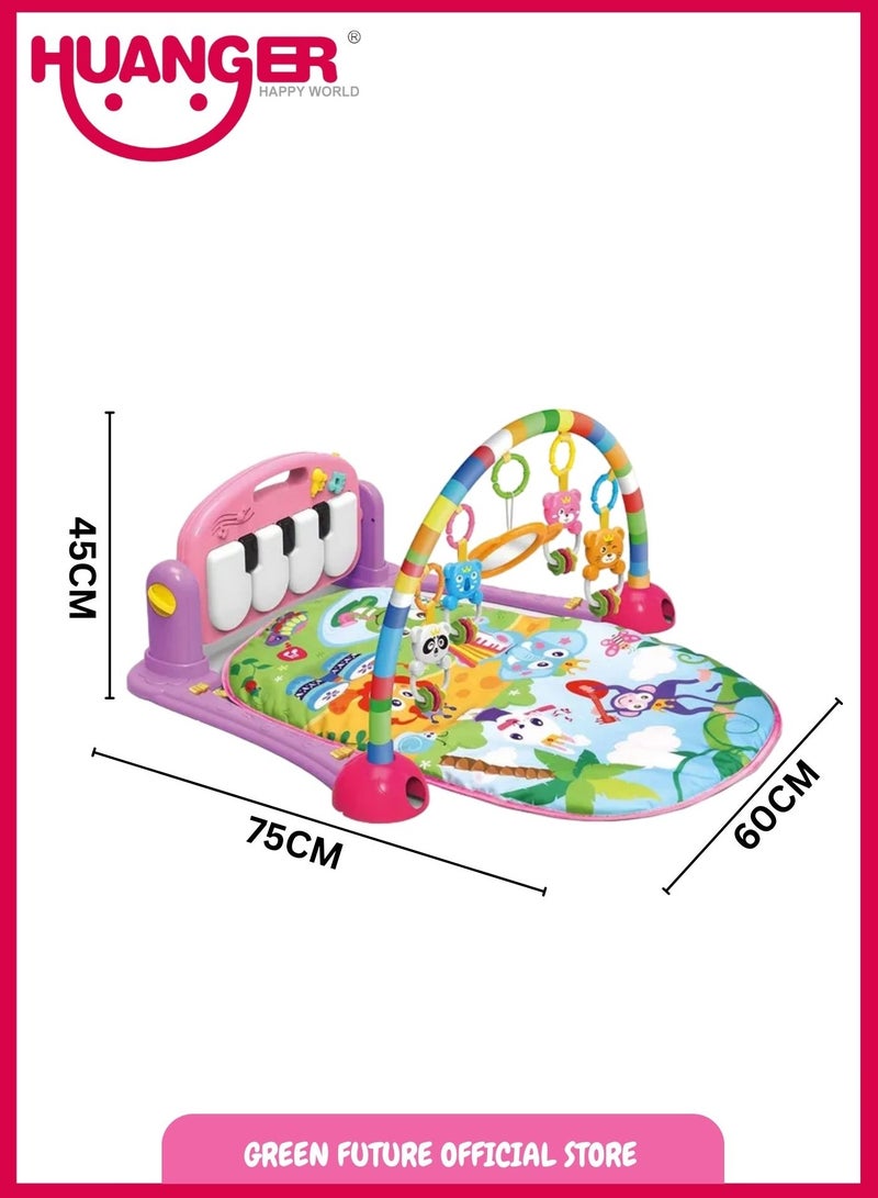 Baby Playmat w/ Piano Music, 2 in 1 Hanging Toys and Soft Mat for Newborns and Infants, Early Learning Activity Mat, Pink