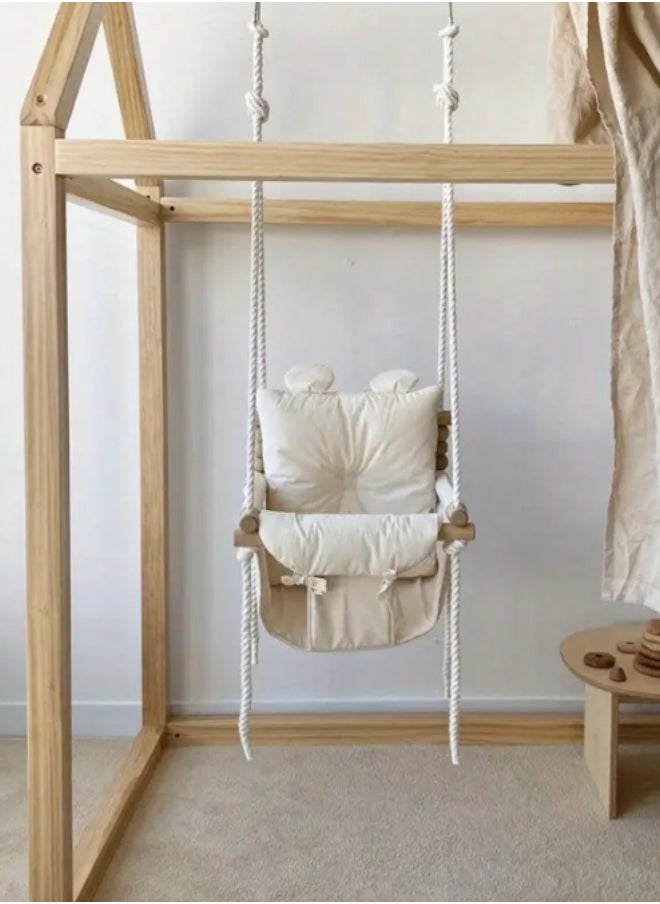 1pc Baby Cozy Wooden Hanging Swing Chair - Soft Cushion, Gentle Rocking Seat, Small Basket Design, Ideal for Nursery Room Decor and Home Playground