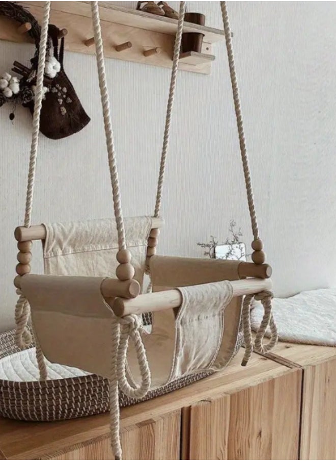 1pc Baby Cozy Wooden Hanging Swing Chair - Soft Cushion, Gentle Rocking Seat, Small Basket Design, Ideal for Nursery Room Decor and Home Playground