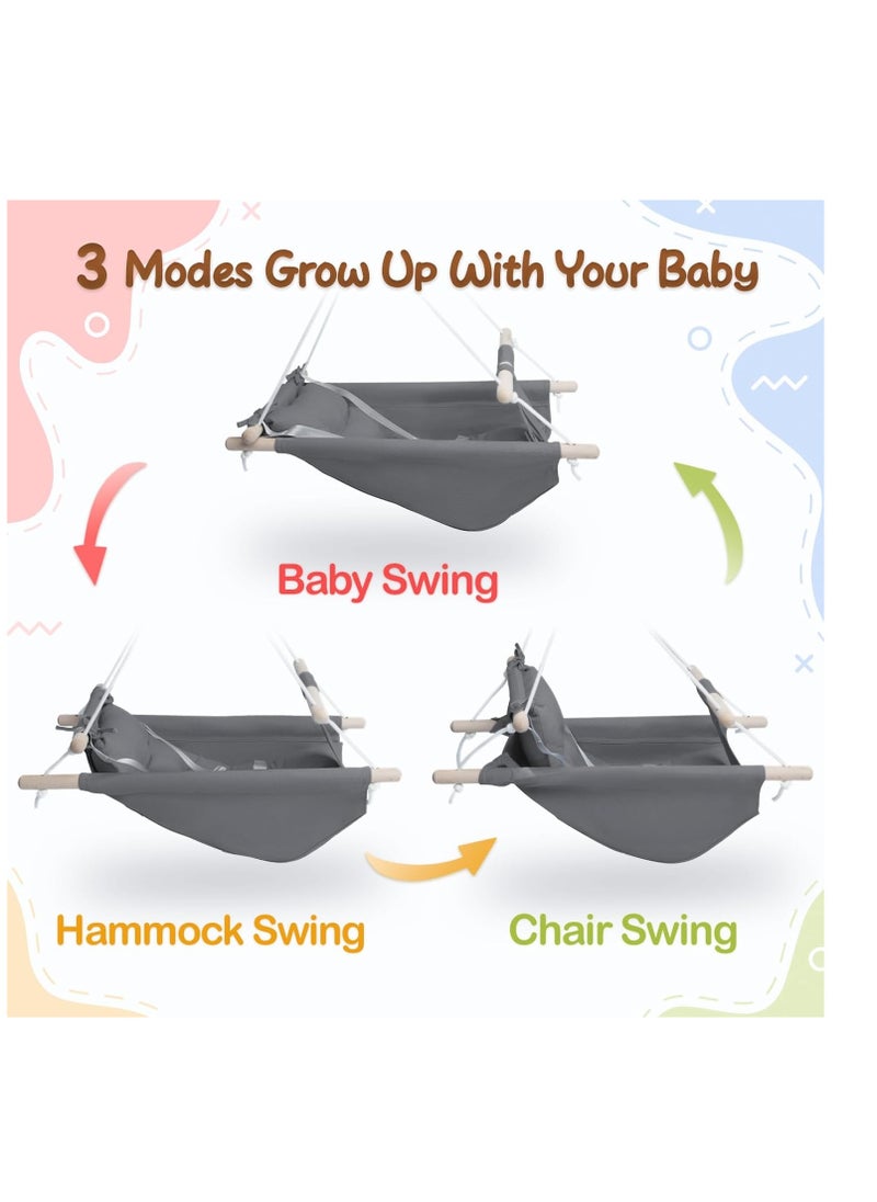 Baby Swing for Baby and Toddler, Canvas Baby Hammock Swing Indoor and Outdoor with Safety Belt and Mounting Hardware, Wooden Hanging Swing Seat Chair for Baby up to 3 Years - Grey