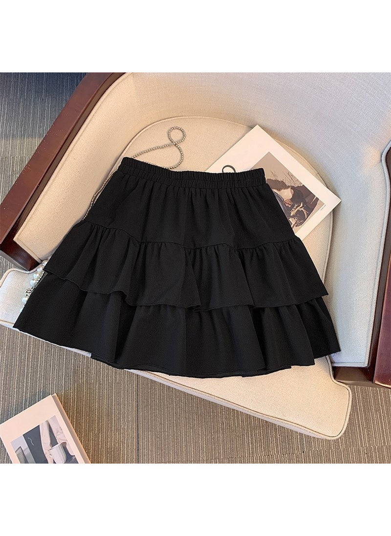 Plus Size Womens Skirt Pleated Ruffle Slimming Casual Summer 2024 Black (shipped within 7 days)