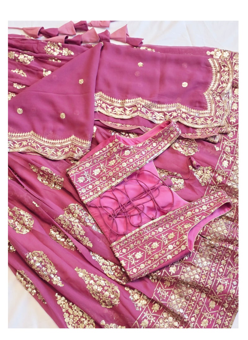 Traditional Festival Lehenga Choli Mauve Pink Color Customized Stitched Blouse And Dupatta