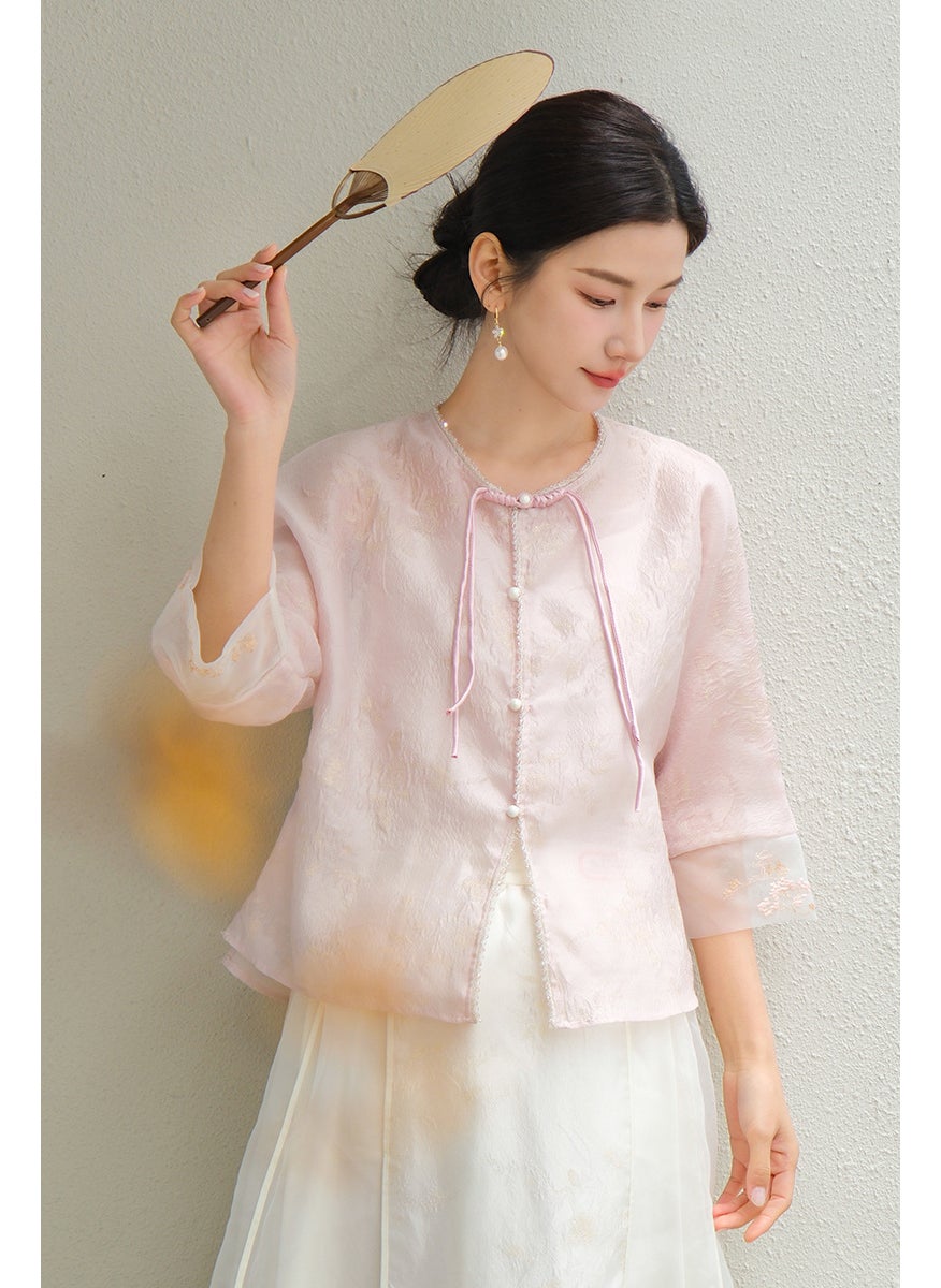 2024 Spring Summer New Womens Pink Hanfu Tea Ceremony Shirt Slim Fit Traditional Chinese Jacquard Top Pink