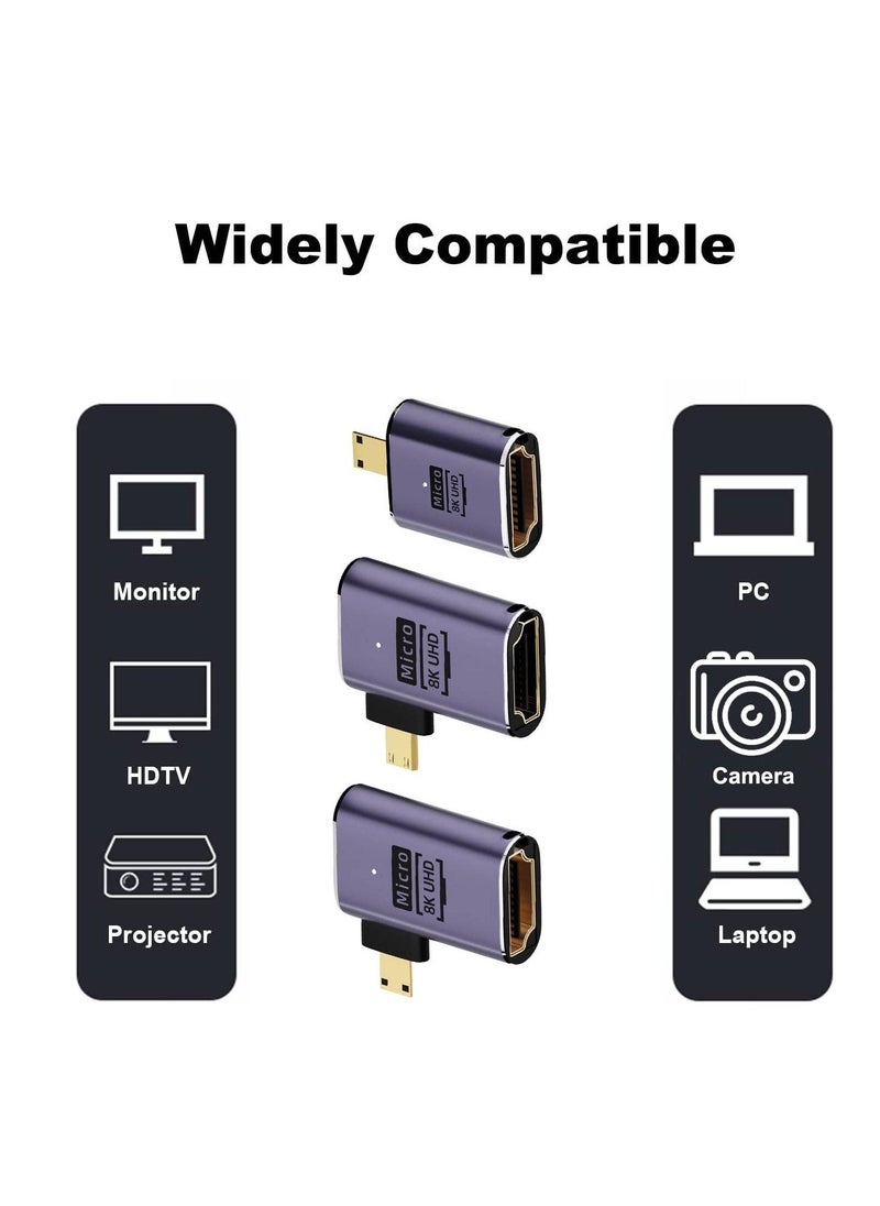 Micro HDMI to HDMI Adapter, 3 Pcs 8K 90 Degree Left and Right Angle, Micro HDMI Male to HDMI Female Cable, for Sony A6000, Raspberry Pi 4, GoPro Hero 7 and Other Sport Camera