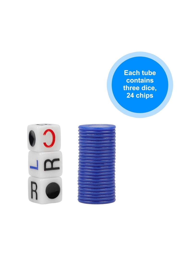 Game Dice Set, 4 Tubes Left Center Right Interactive Toy 6 Sided Round Corner Dice Set Fun LCR Four Color Game Dice with Dice Place Plastic Counters for Classic Dice Game for Kids and Adults
