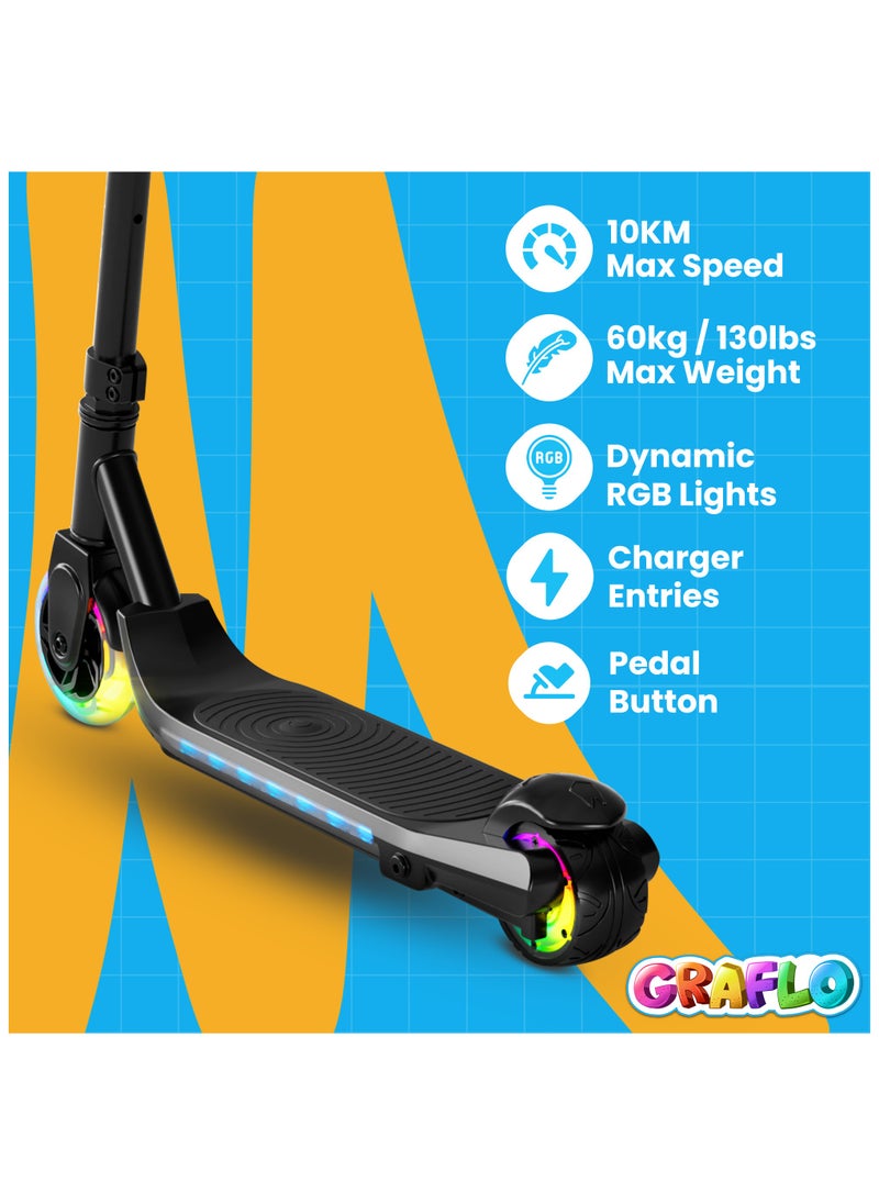 GRAFLO 2 Wheels Electric Scooter for Kids, 60W Motor, 21.6V Lithium Battery, 8KM/H Max Speed, Light-up Wheels, Height-Adjustable Handlebar, Kids Scooter with Flash Wheel & Deck Lights.