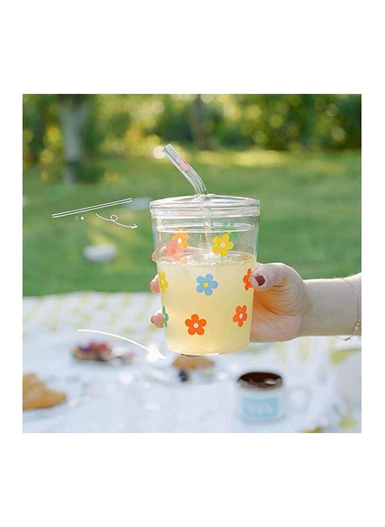 Glass Water Cup Milk Cup with Straw and Lids Reusable Double-Wall Coffee Cup Heat Resisting Clear Milkshake Cup for Juice Milk Hot Cold Water Tea Matcha 300ml Travel Cup (Colorful Stars)