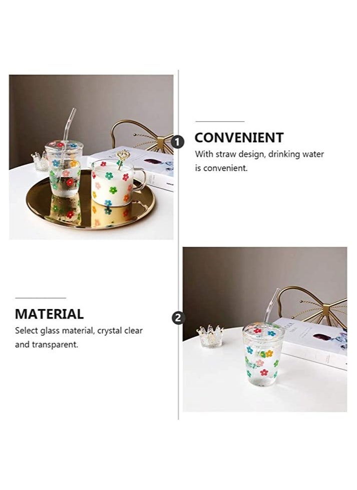 Glass Water Cup Milk Cup with Straw and Lids Reusable Double-Wall Coffee Cup Heat Resisting Clear Milkshake Cup for Juice Milk Hot Cold Water Tea Matcha 300ml Travel Cup (Colorful Stars)