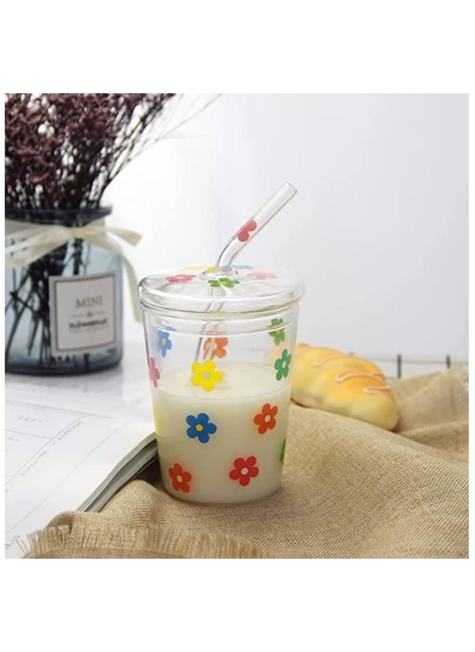 Glass Water Cup Milk Cup with Straw and Lids Reusable Double-Wall Coffee Cup Heat Resisting Clear Milkshake Cup for Juice Milk Hot Cold Water Tea Matcha 300ml Travel Cup (Colorful Stars)