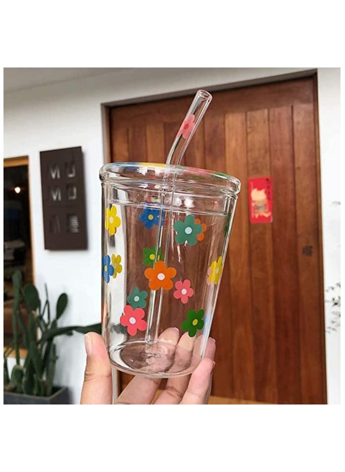 Glass Water Cup Milk Cup with Straw and Lids Reusable Double-Wall Coffee Cup Heat Resisting Clear Milkshake Cup for Juice Milk Hot Cold Water Tea Matcha 300ml Travel Cup (Colorful Stars)