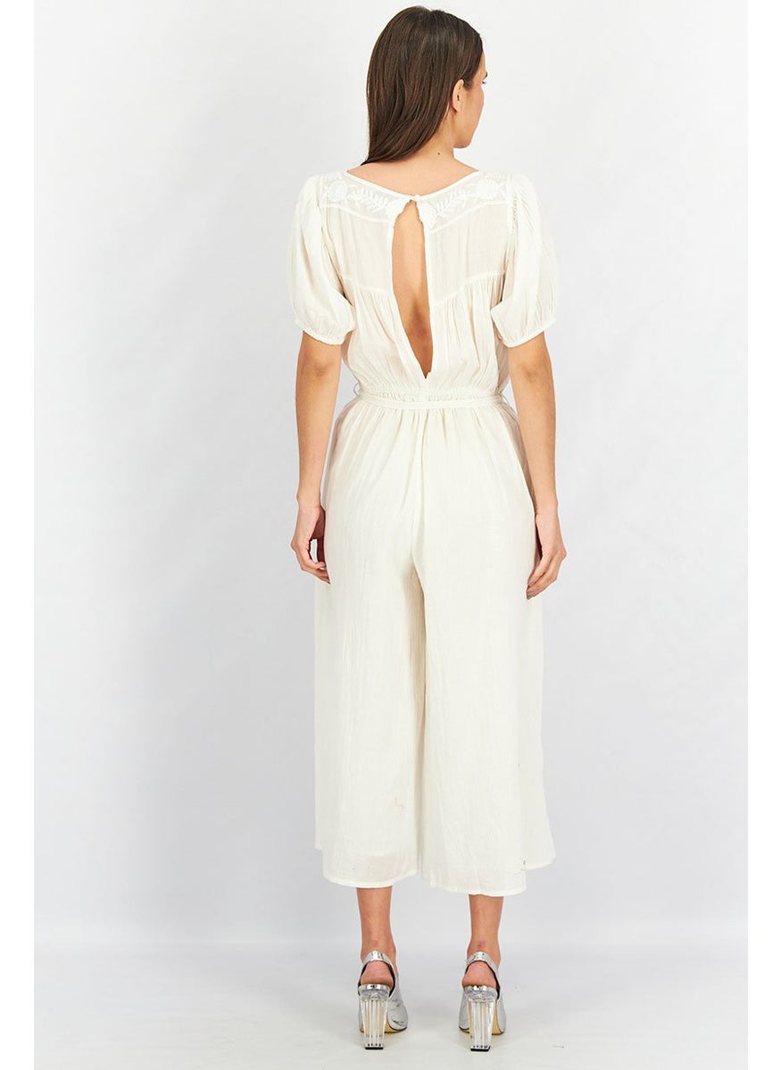 Women Petite Embroidered Detail Short Sleeves Jumpsuit, Off White