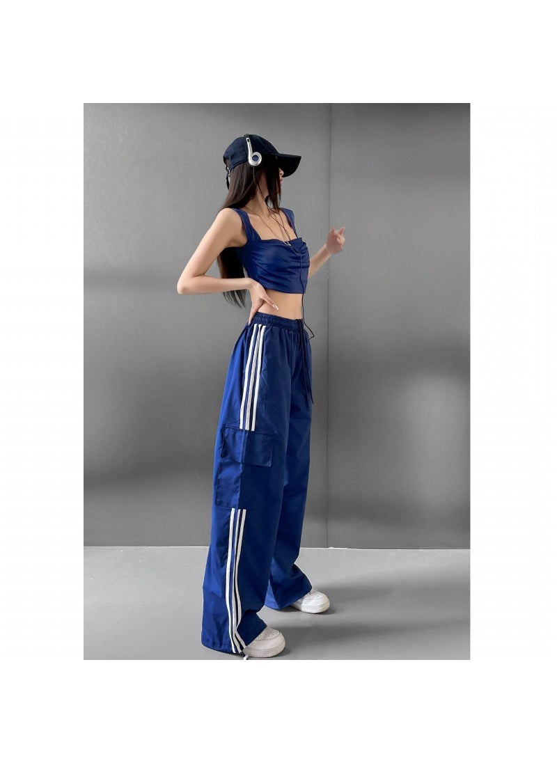 Vintage High Waist Red Cargo Pants for Women 2024 Royal blue [Korean overalls]]