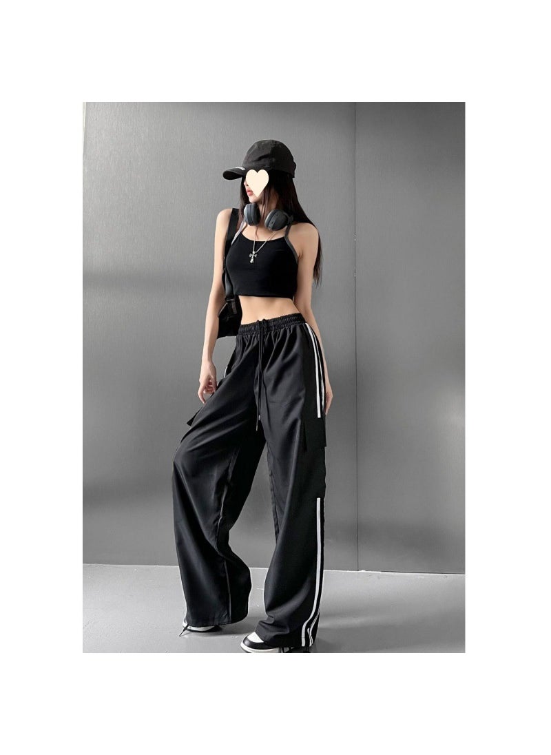 Vintage High Waist Red Cargo Pants for Women 2024 Black [Korean overalls]]