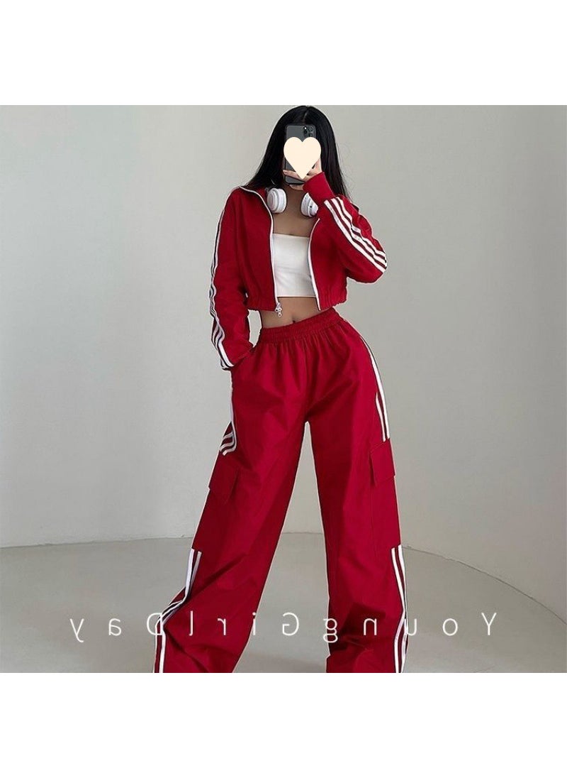 High Waist Loose Cargo Pants for Women Autumn Red Sports suit