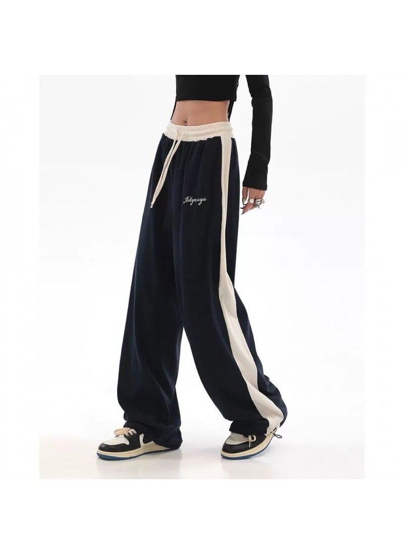 High Waist Slim Stripe Casual Pants for Women Dark blue