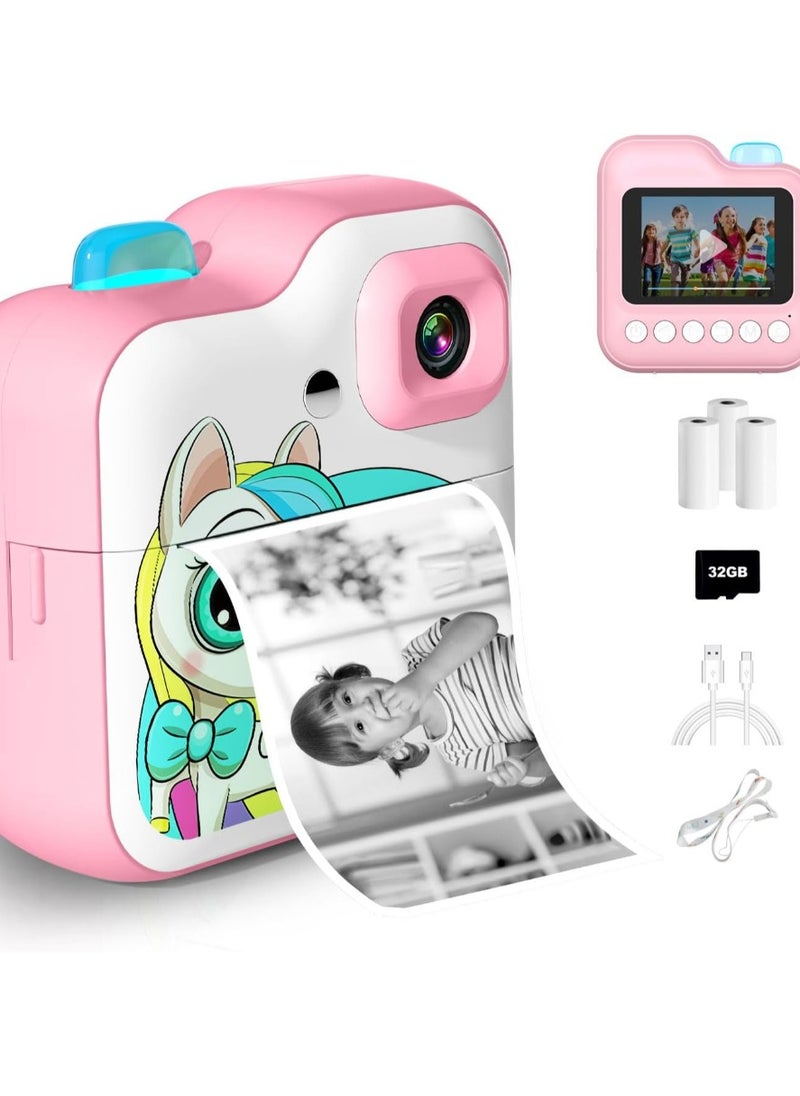 Instant Camera for Children, 2.4 Inch Display, Digital Camera & Video Camera for Children with 3 Rolls of Thermal Paper & 32G Card, Christmas Toy, Gifts for Boys and Girls 6+ Years