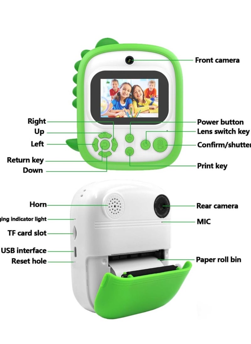 Dinosaur Kids Instant Print Camera Silicone Protective Cover 1080P Digital Selfie Camera 2.4-inch IPS Screen Instant Print Kids Camera with Photo Paper Rolls 16GB Micro SD Card (Green)