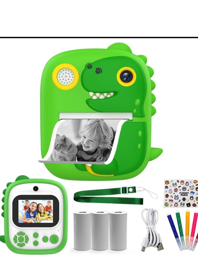 Dinosaur Kids Instant Print Camera Silicone Protective Cover 1080P Digital Selfie Camera 2.4-inch IPS Screen Instant Print Kids Camera with Photo Paper Rolls 16GB Micro SD Card (Green)