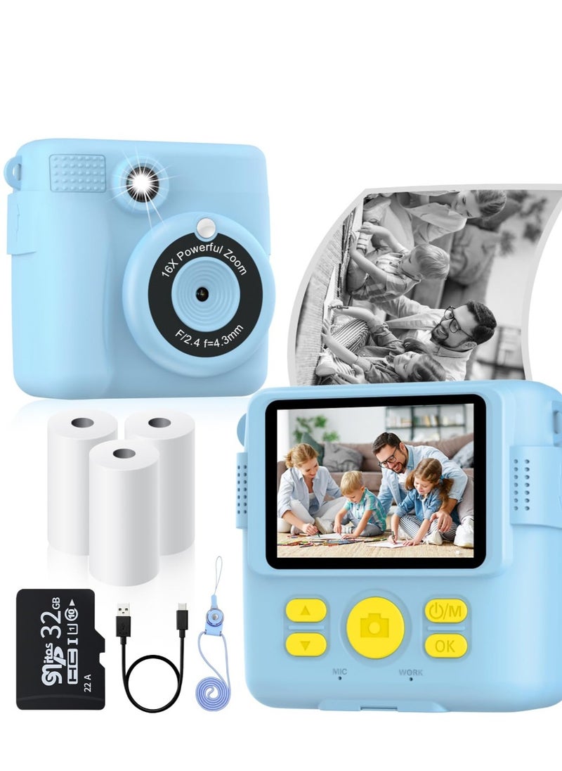 Instant Print Camera for Kids with 3 Rolls of Printer Paper, 1080P Toddler Digital Camera Toys for Age 3-12 with 32GB SD Card, Christmas & Birthday Gifts for 3 4 5 6 7 8 Year Old Girls & Boys (Blue)