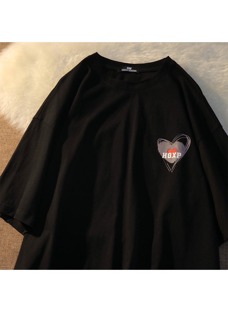 Trendy Couple Cartoon Heart Tee Summer New Loose Casual Chic Black