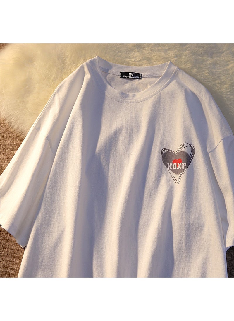 Trendy Couple Cartoon Heart Tee Summer New Loose Casual Chic White