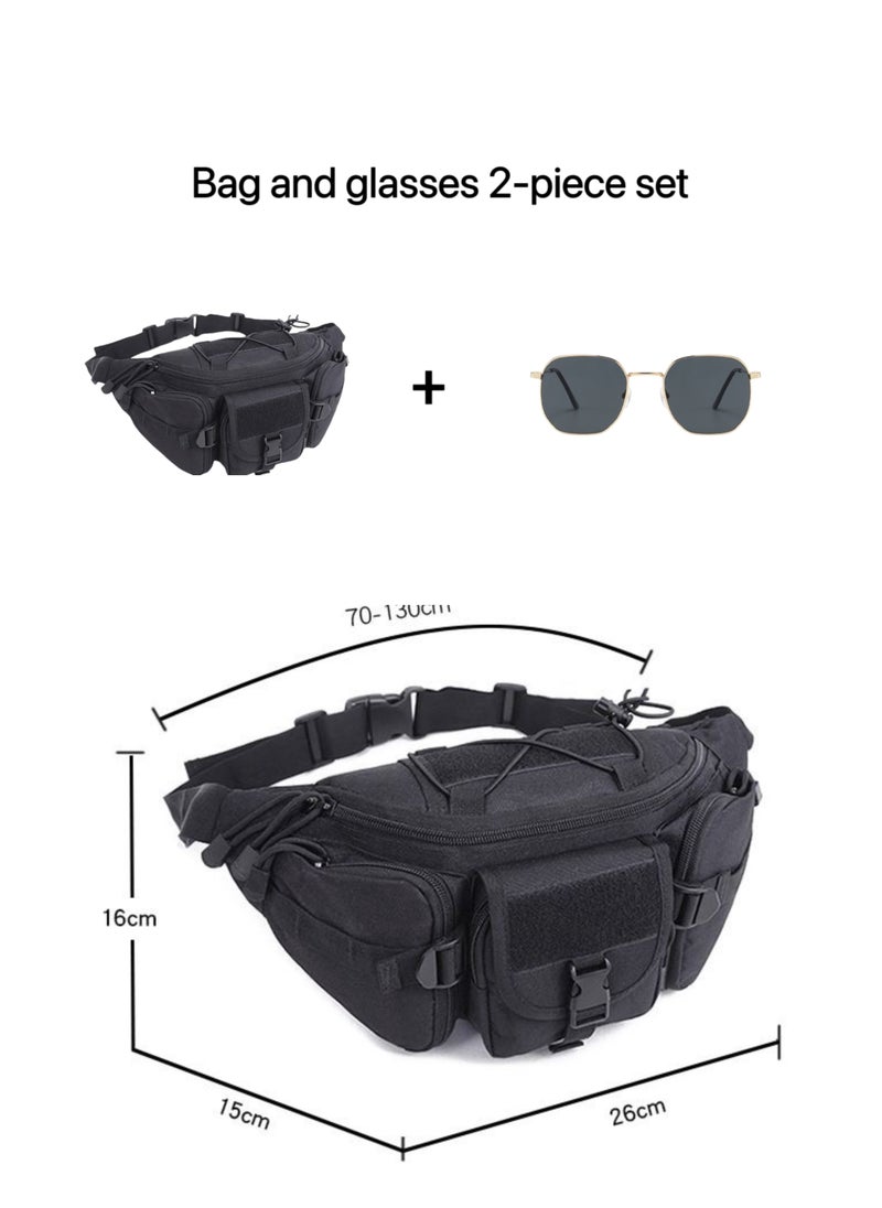 Men's Outdoor Tactical Belt Bag, Waterproof Hip Belt Bag for Hiking, Mountaineering and Metal Sunglasses 2-Piece Set