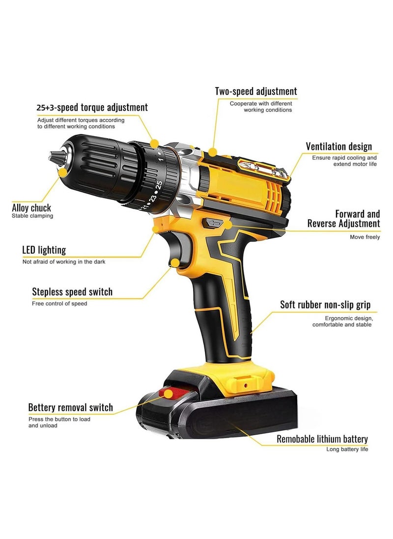 48V Cordless Drill Set, Power Drill Set with Battery and Charger, Compact Driver/Drill Bits, 25+3 Torque Setting, 3/8'' Keyless Chuck, 2 Variable Speed, Electric Drill Set with Tool Bag