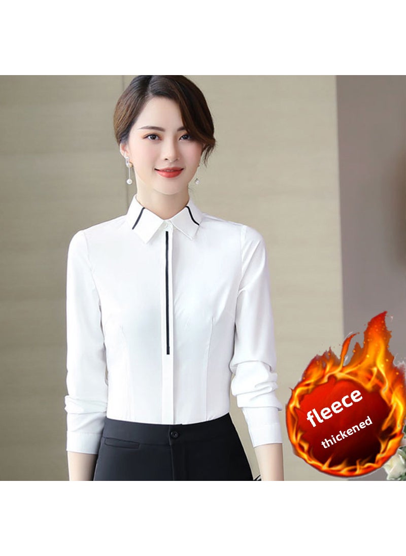 Long Sleeve Warm Slim Fit Work Blouse White [plus velvet]]