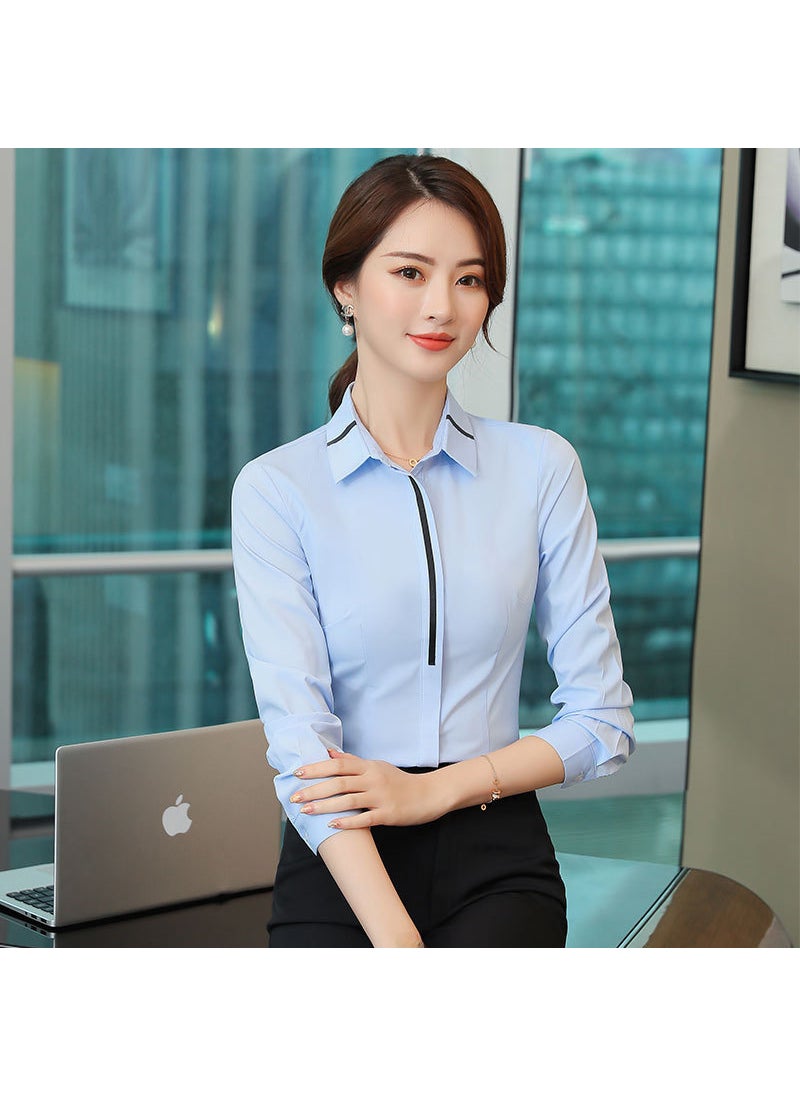 Long Sleeve Warm Slim Fit Work Blouse Light Blue [without velvet]]