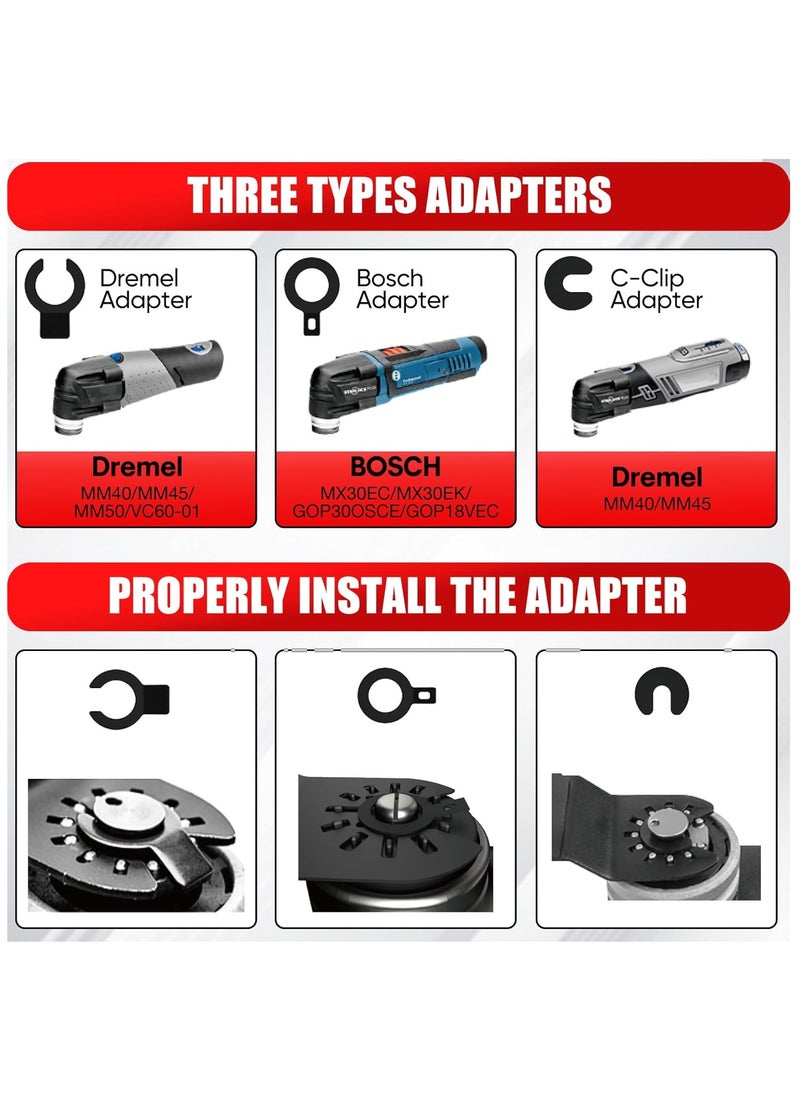 102PCS Multitool Blades, Oscillating Multi Tool Accessories kits, HCS & Bi-Metal Blades, Sanding Pad, Sandpaper, Scraper, Carbide Grit Rasp, Dremel/Bosch/C-Clip Adapter, Storage Case Included
