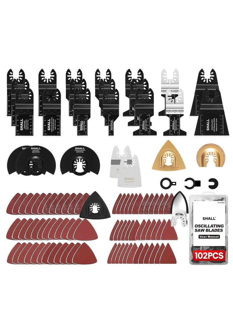 102PCS Multitool Blades, Oscillating Multi Tool Accessories kits, HCS & Bi-Metal Blades, Sanding Pad, Sandpaper, Scraper, Carbide Grit Rasp, Dremel/Bosch/C-Clip Adapter, Storage Case Included