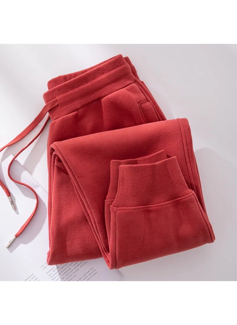 Thickened Fleece Sweatpants for Women, Elastic Waist, Casual Autumn Winter Red