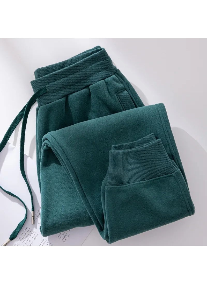 Thickened Fleece Sweatpants for Women, Elastic Waist, Casual Autumn Winter Dark green