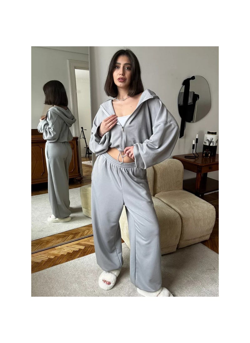 Womens Casual Solid Color Hoodie and Sweatpants Set Light gray