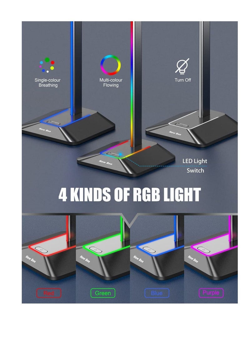 RGB Light Headphone Stand, with 1 USB-C Charging Port and 1 USB Charging Port, Desk Gaming Headset Holder, 7 Light Modes and Silicone Non-Slip Base for All Earphone Accessories