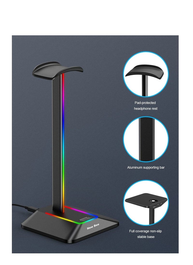 RGB Light Headphone Stand, with 1 USB-C Charging Port and 1 USB Charging Port, Desk Gaming Headset Holder, 7 Light Modes and Silicone Non-Slip Base for All Earphone Accessories