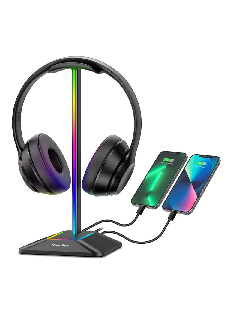 RGB Light Headphone Stand, with 1 USB-C Charging Port and 1 USB Charging Port, Desk Gaming Headset Holder, 7 Light Modes and Silicone Non-Slip Base for All Earphone Accessories