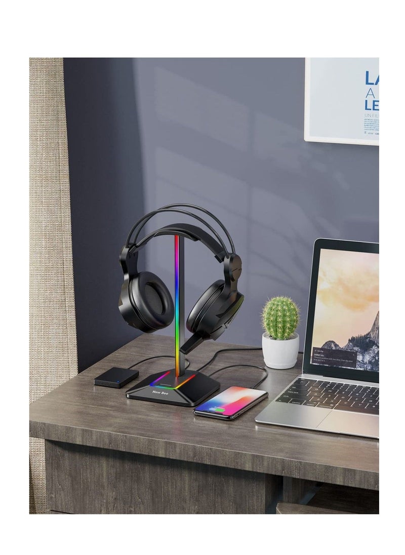 RGB Light Headphone Stand, with 1 USB-C Charging Port and 1 USB Charging Port, Desk Gaming Headset Holder, 7 Light Modes and Silicone Non-Slip Base for All Earphone Accessories