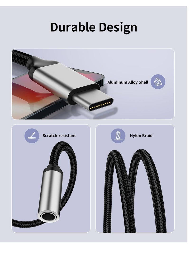 USB C to 3.5mm Audio Headphone Jack Adapter USB Type-c Male to 3.5mm Digital Audio Adapter Cable HiFi DAC Braided Cable Cord for Samsung Galaxy S22 S21 iPhone 15 14 13 iPad MacBook Pixel 5 6 XL