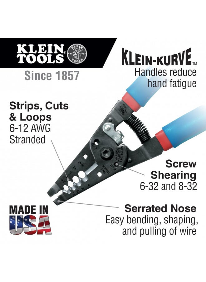 Klein Tools 11053 Klein-Kurve Wire Stripper and Cutter for 6-12 AWG Stranded Wire, 7-1/8-Inch,Blue/Red