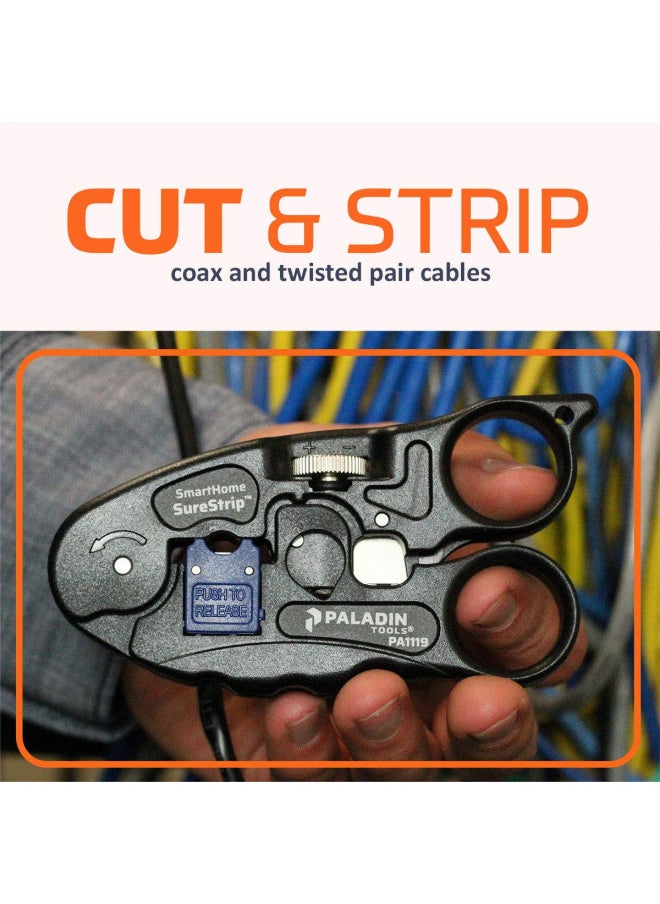 Paladin Tools PA1119 SmartHome SureStrip - Professional Cable Cutter and Stripper - RG6, RG6Q, RG59 Coax, CAT5, CAT5E, CAT6, UTP/STP