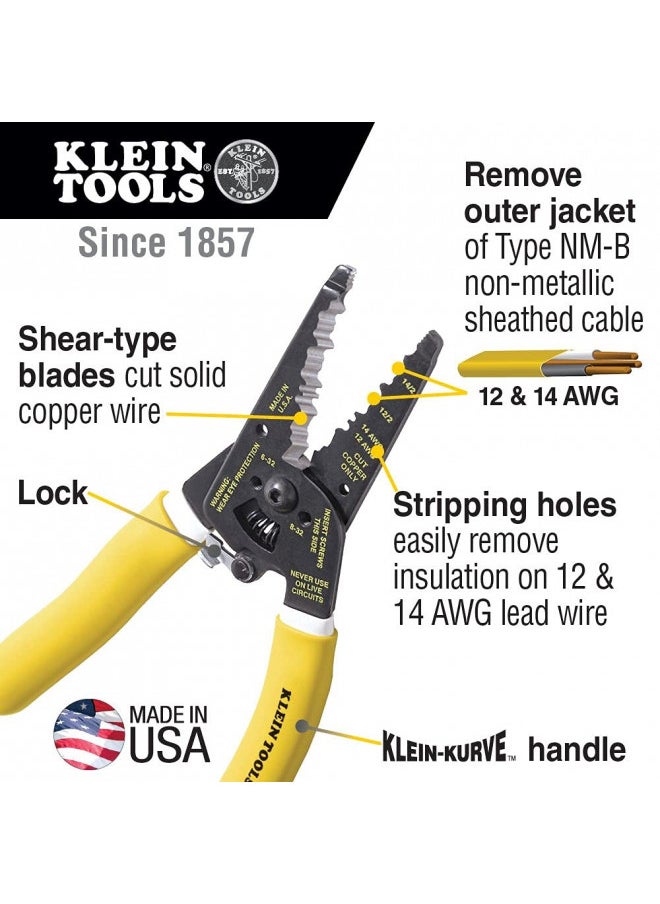 Klein Tools K1412 Wire Cutter / Wire Stripper, Dual NM Cable Stripper / Cutter Cuts Solid Copper Wire, Strips 12 and 14 AWG Solid Wire,Yellow/White